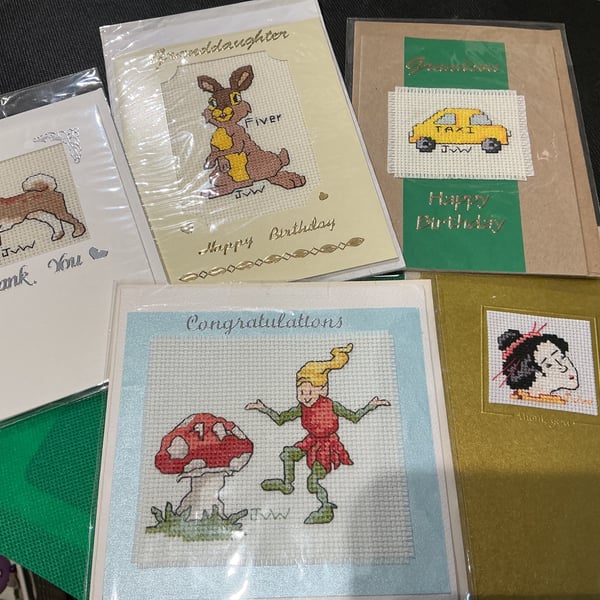 Set of 5 beautiful cross-stitch cards with different sentiments.