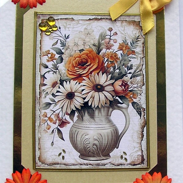 Orange Flowers Hand Crafted Decoupage Card - Blank for any Occasion (2515)