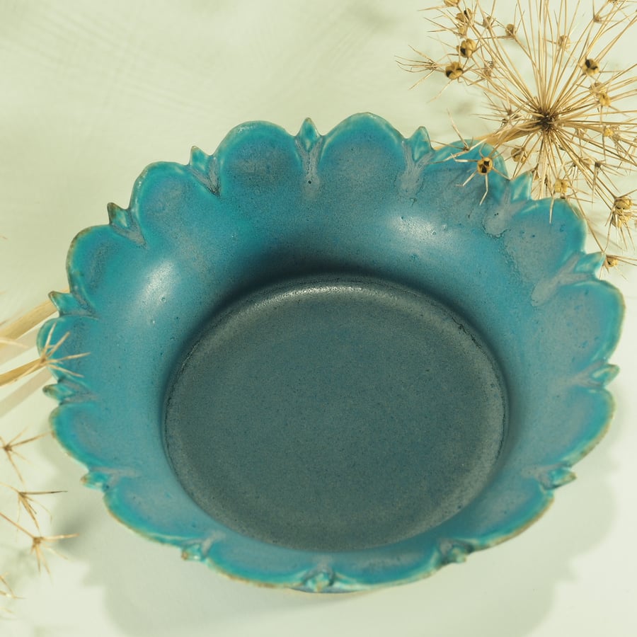 Ceramic handmade turquoise dish with egg and dart carved edge