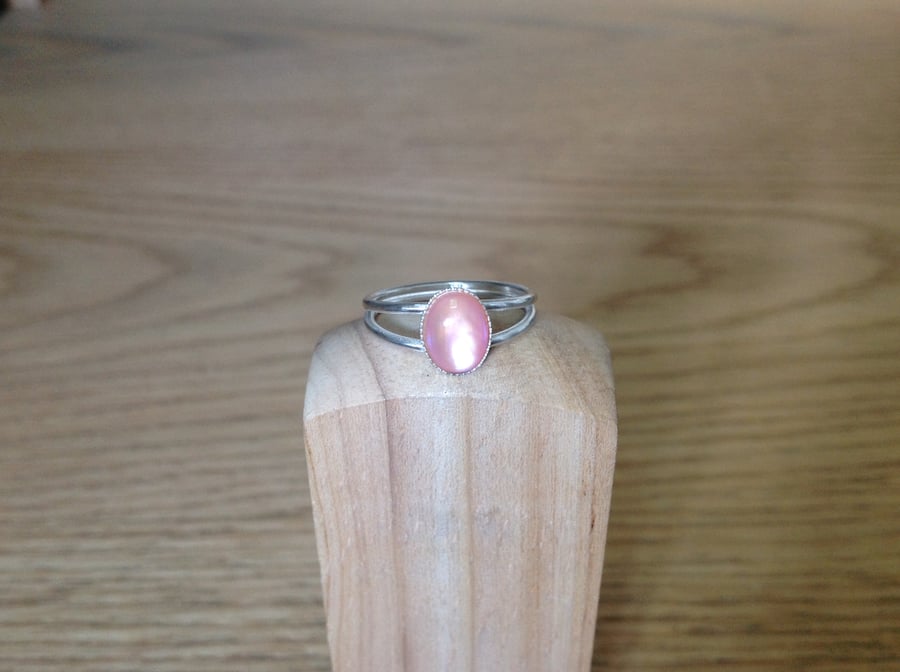 Pink Mother of pearl and Sterling silver dainty twin band ring