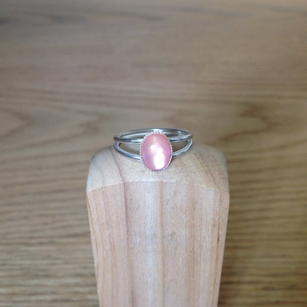 Pink Mother of pearl and Sterling silver dainty twin band ring