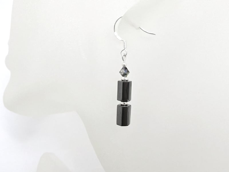 Hematite 6 Sided Tubes, Sparkly Crystals & Sterling Silver Drop Earrings
