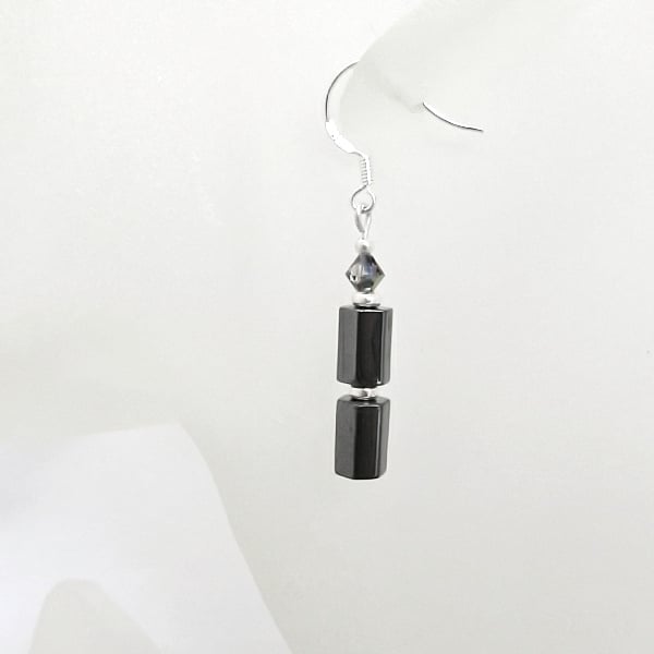 Hematite 6 Sided Tubes, Sparkly Crystals & Sterling Silver Drop Earrings
