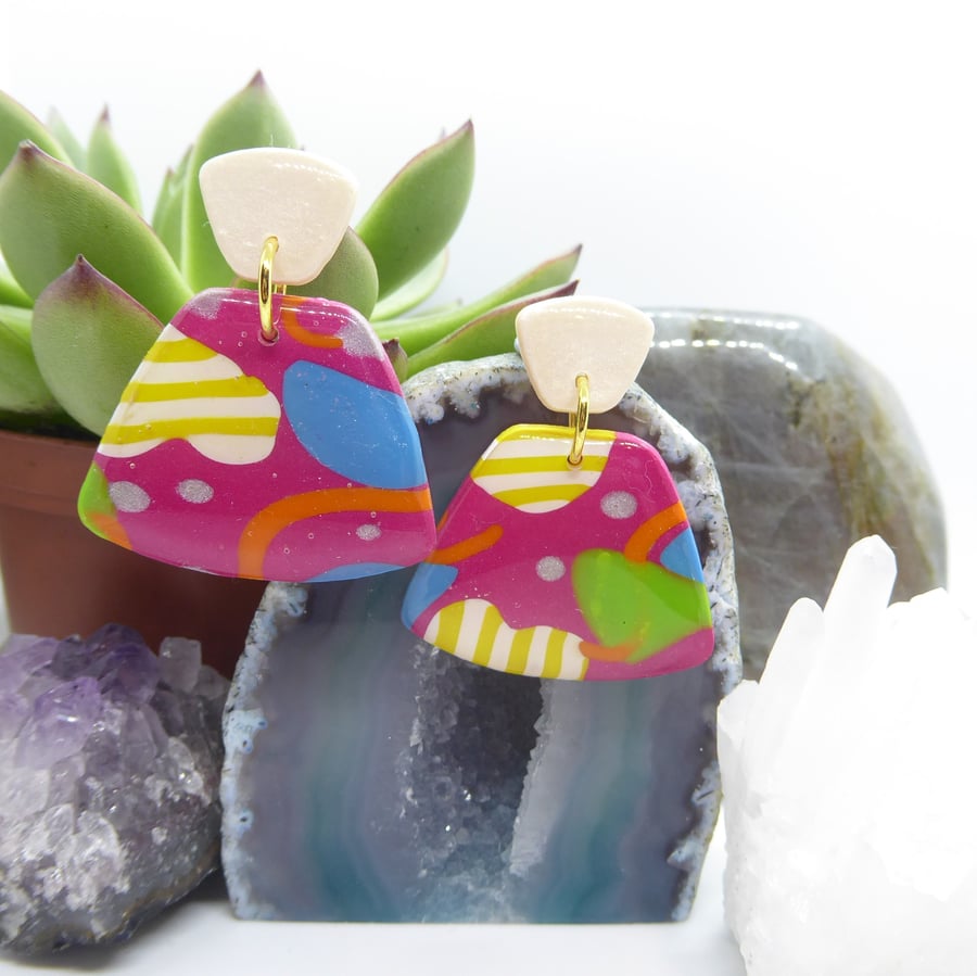 Bold Polymer Clay Statement Earrings in Purple, Green, Blue and Orange