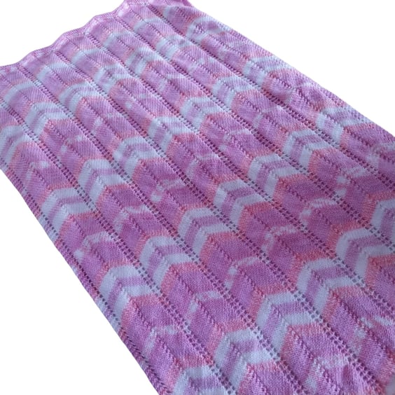 Baby pram blanket hand knitted in pinks and white Chevron Afghan 