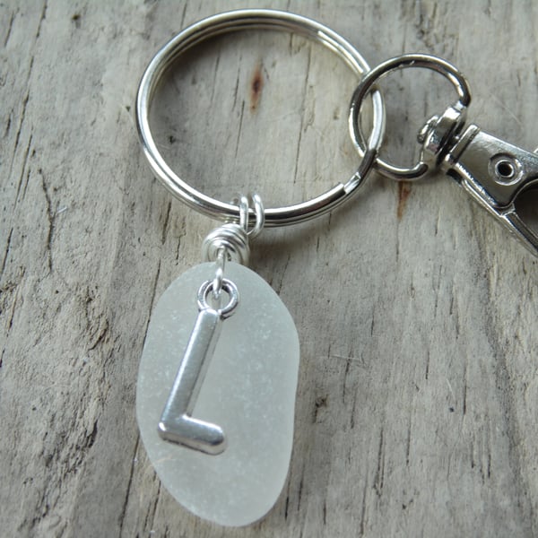 Initial 'L' White Cornish Sea Glass Keyring Bag Charm K654
