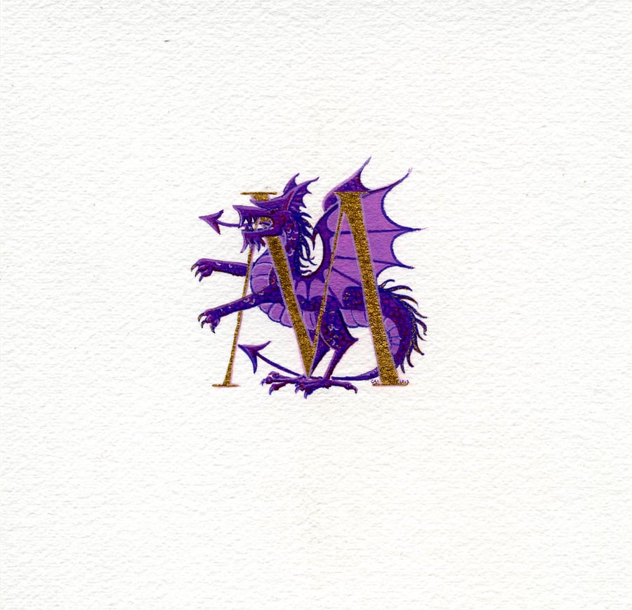 Gold letter painted with a purple and gold dragon.