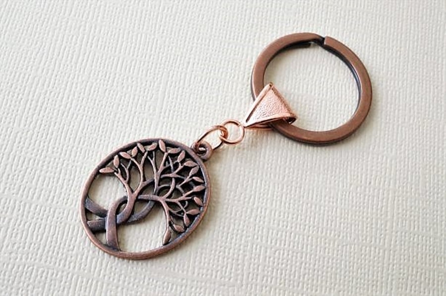 Antique and bright copper tree of life keyring