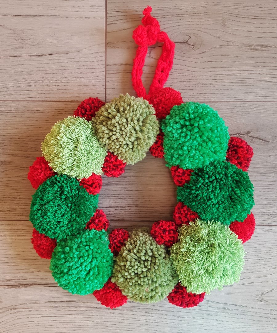 Christmas Red and Green Pom Pom Wreath 34cms - 13 inches