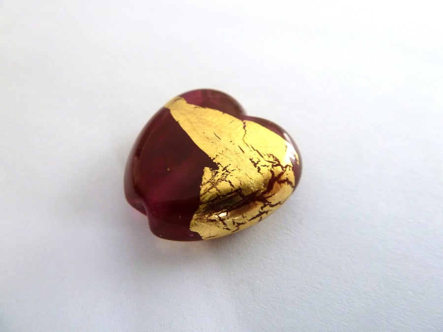 cranberry and gold heart lampwork glass bead