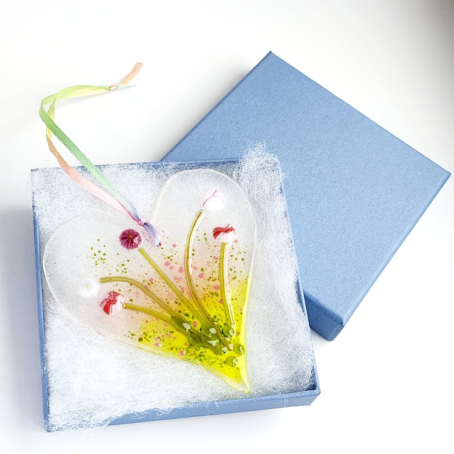 Fused Glass Floral Heart Suncatcher, Letterbox Gift