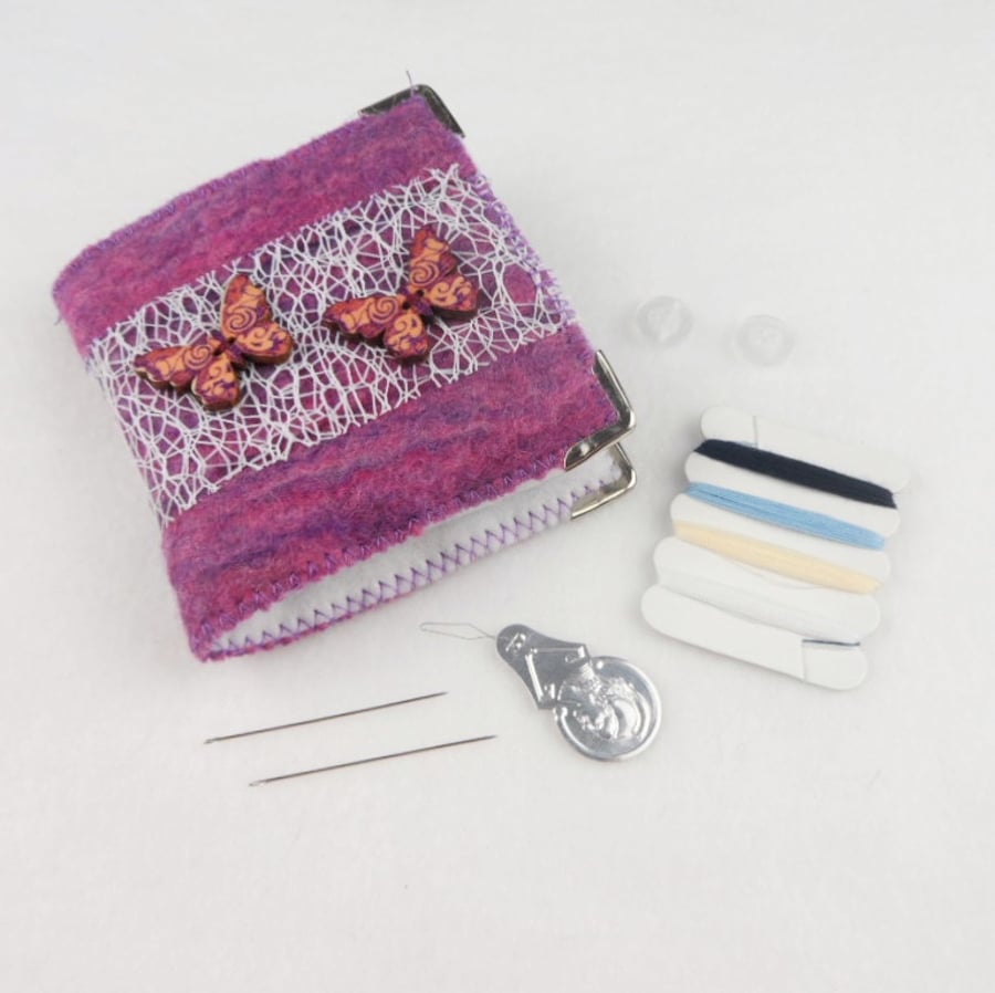 Pink and purple felted mending kit, needle book with butterfly decoration