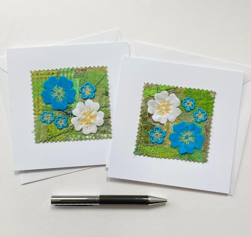 Up-cycled embroidered spring primrose garden card small artwork. 