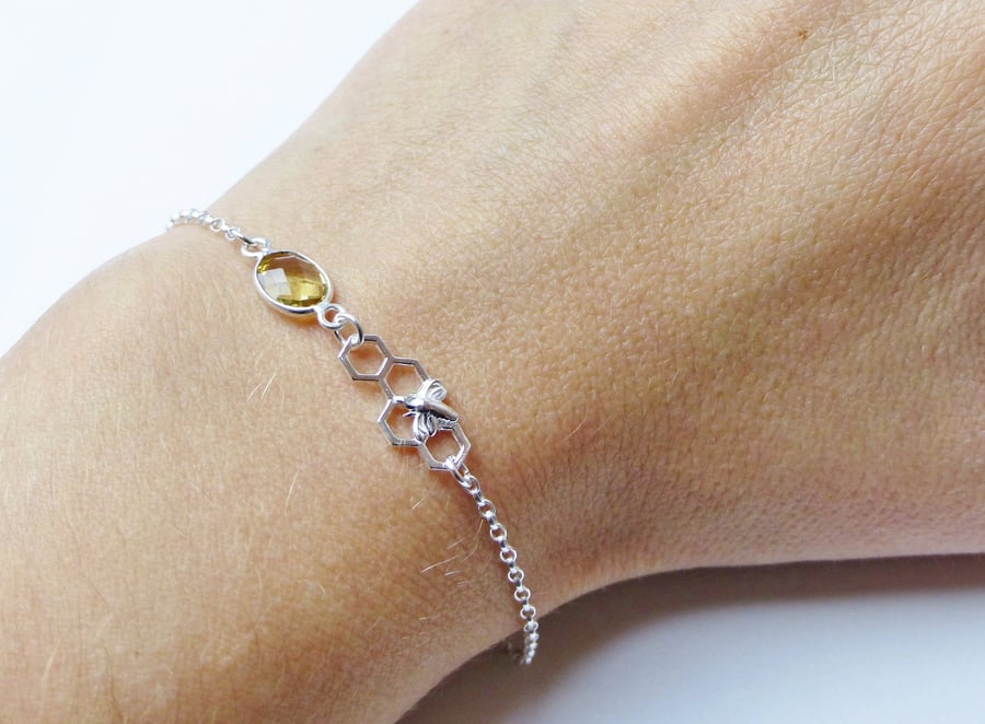 Citrine sterling silver honeycomb bee bracelet, November birthstone gift