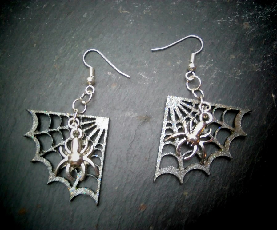 Metallic hand-painted Cobweb earrings with spider charm dangle earrings