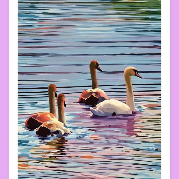 Swan With Cygnets on the Fens Norfolk Greeting Card A5 Size 