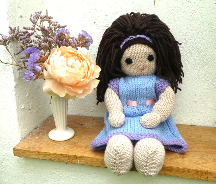 Doll. Hand Knitted Doll 12" handmade Doll with Brown Hair & Removable  Dress