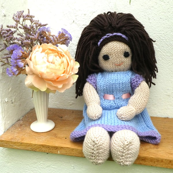 Doll. Hand Knitted Doll 12" handmade Doll with Brown Hair & Removable  Dress