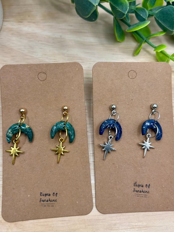 Moon and Star Earrings, Blue or Teal Green, Polymer Clay Earrings