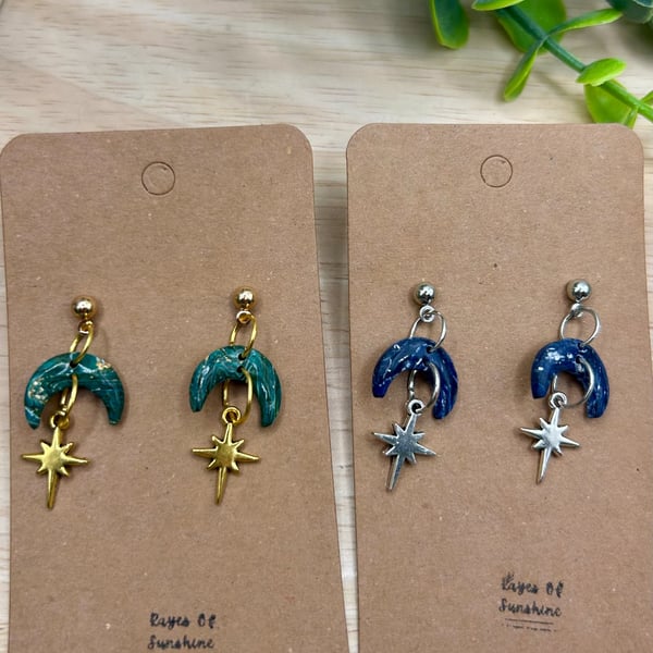 Moon and Star Earrings, Blue or Teal Green, Polymer Clay Earrings