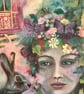 Nature Woman with Hare & Gypsy Caravan – Original Mixed-Media Painting - Image 3