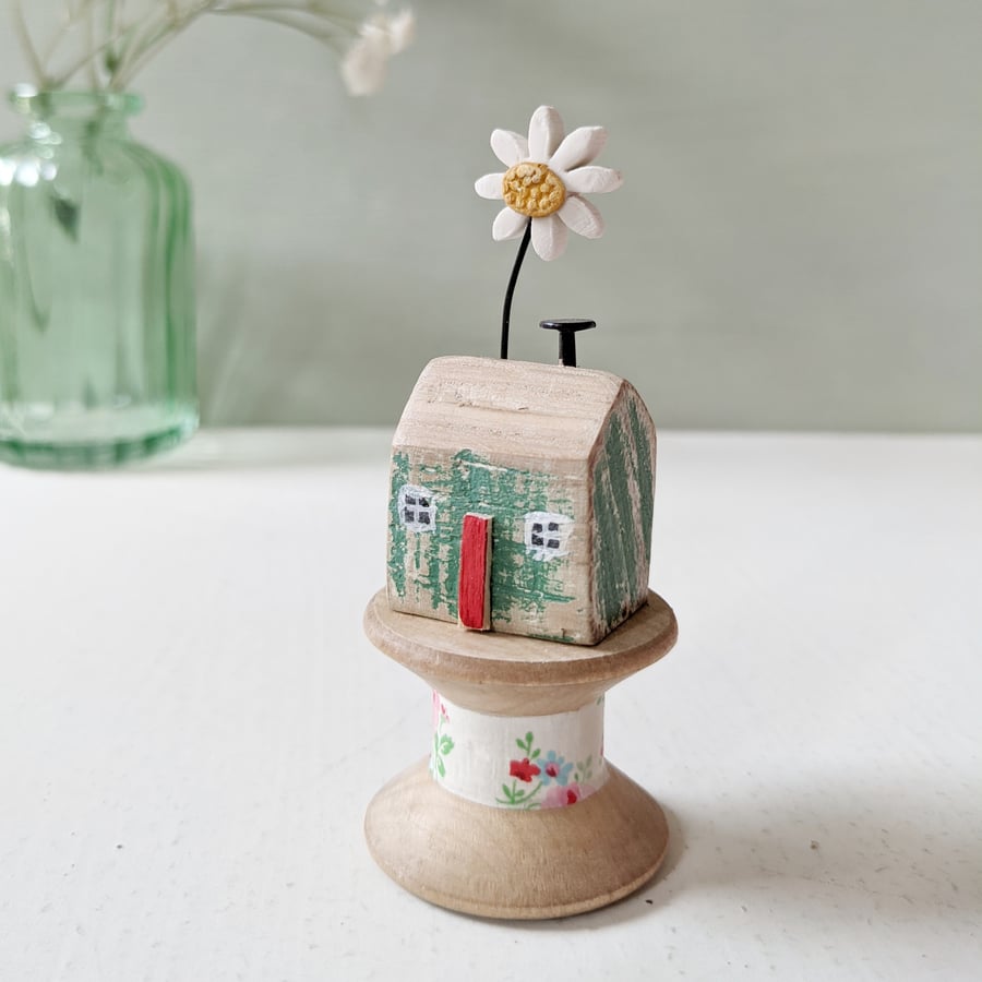 Wooden House on a Vintage Floral Bobbin with Clay Daisy