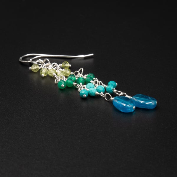 Blue green gemstone sterling silver drop earrings 