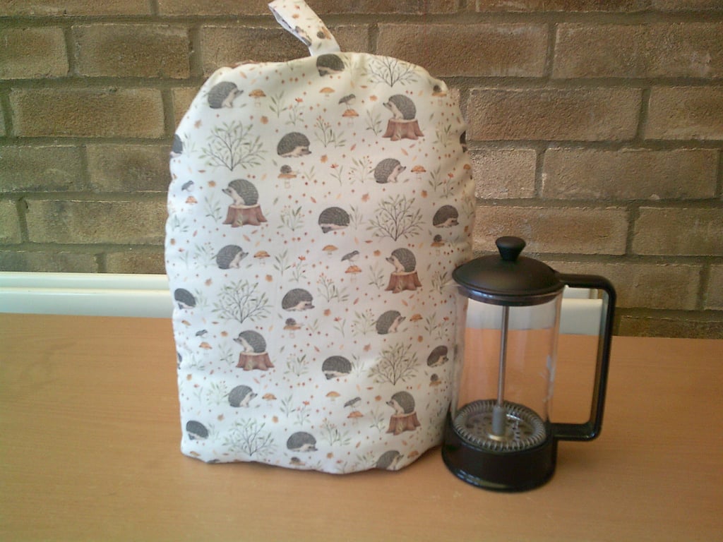 Small Coffee Pot Cosy with Hedgehogs on Tree Stumps