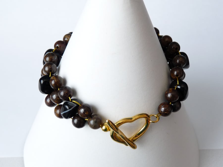 Black Onyx & Bronzite Bracelet - Handmade - Genuine Gemstone