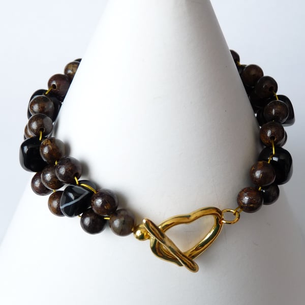 Black Onyx & Bronzite Bracelet - Handmade - Genuine Gemstone