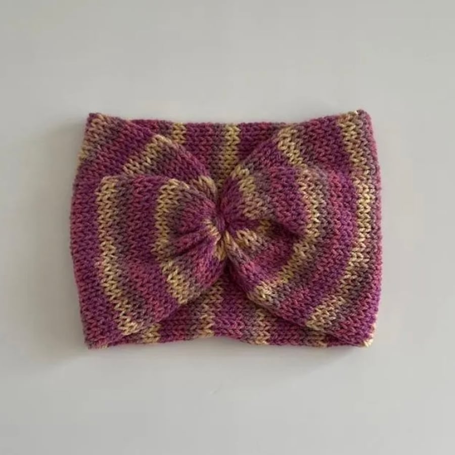 Striped Knitted Ear Warmer, Burgundy and Yellow Cinched Bow, perfectly imperfect