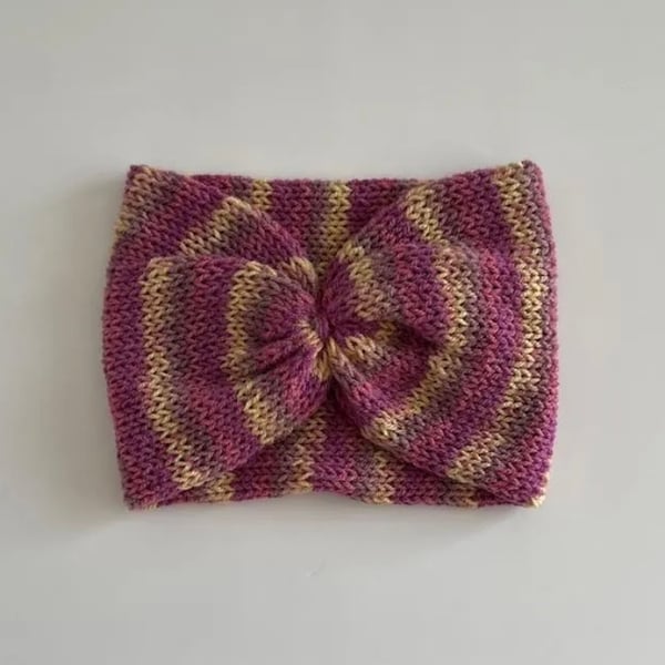 Striped Knitted Ear Warmer, Burgundy and Yellow Cinched Bow Messy Bun headwear, 