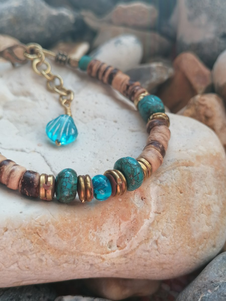 Coconut bracelet, artisan bracelet, hand made beaded jewelry 