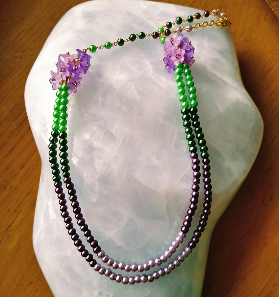 Purple And Green Multi Strand Flower Beaded Necklace 19 - 21 inch