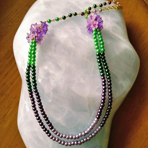 Purple And Green Multi Strand Flower Beaded Necklace 19 - 21 inch