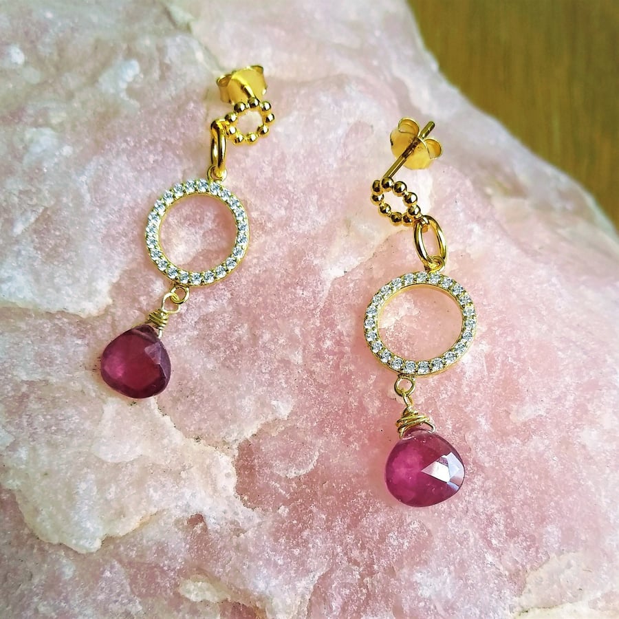 Ruby with Gold CZ Circle Drop Stud Earrings, Ruby Heart Gold Dangle Earrings 