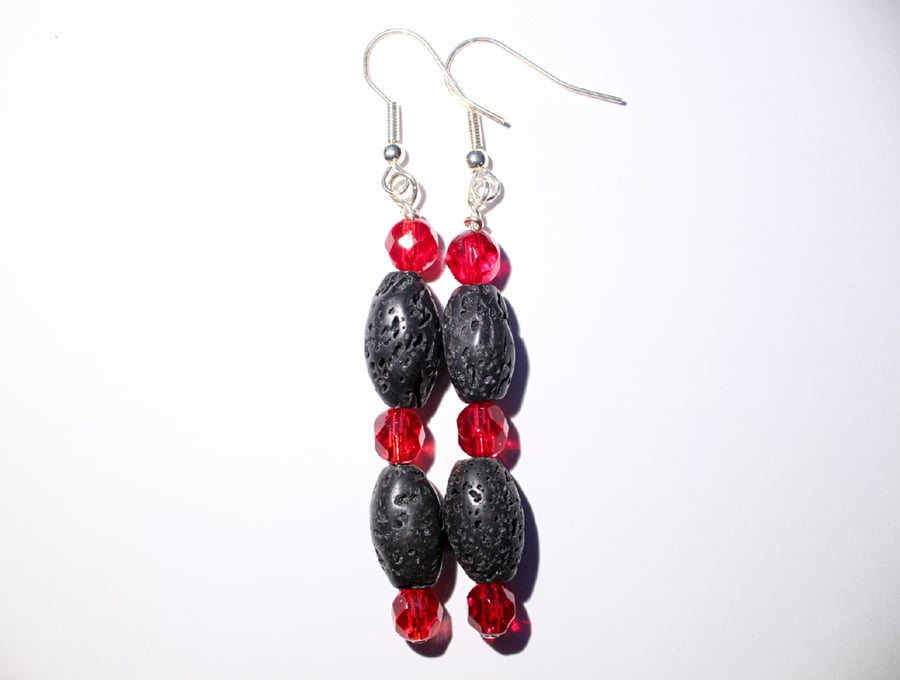 Long red and black dangle earrings, Black lava bead and faceted glass earrings