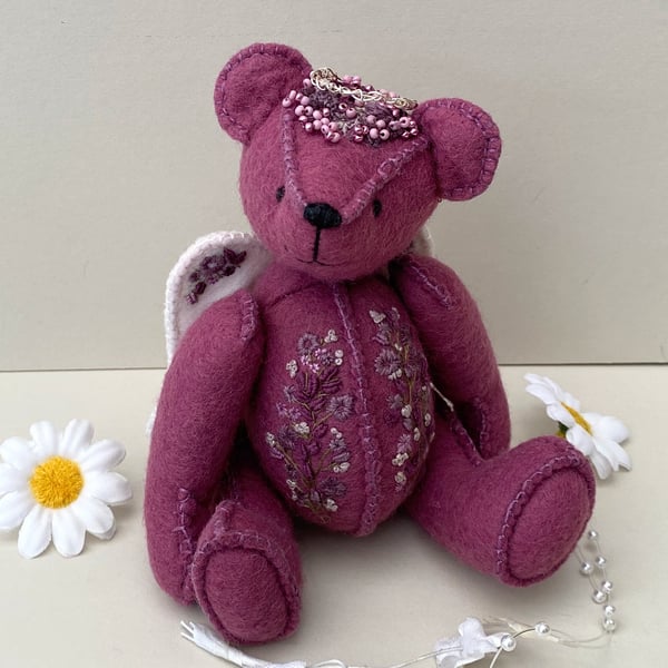 Angel teddy bear, hand sewn embroidered adult collectable keepsake memory bear