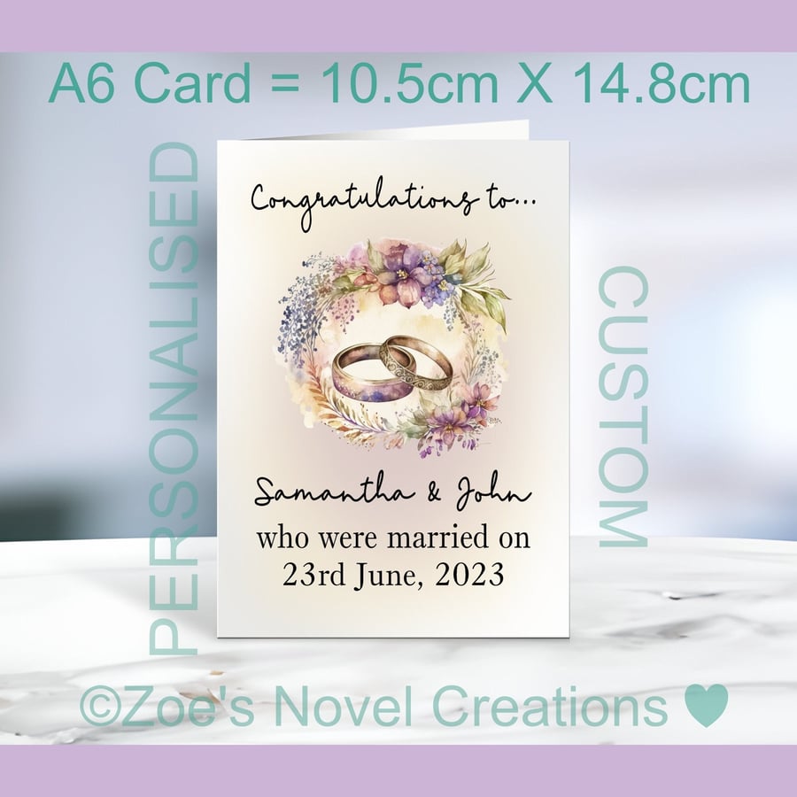 Wedding Rings Greetings Card, personalised, A6 10.5cm x 14.8cm