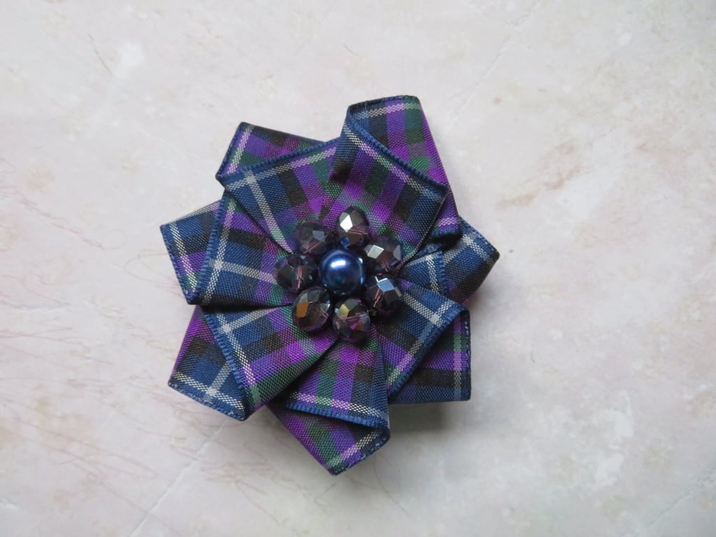 Small Purple & Blue Tartan Crystal Ruffle Rosette Clip 