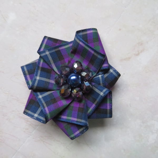 Small Purple & Blue Tartan Crystal Ruffle Rosette Clip 
