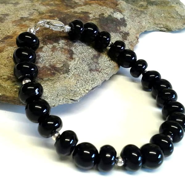 Genuine Black Onyx Pebble Bracelet Sterling Silver