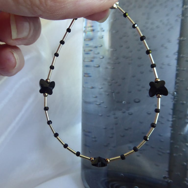 Swarovski Jet Crystal Butterflies and Sterling Silver Bracelet