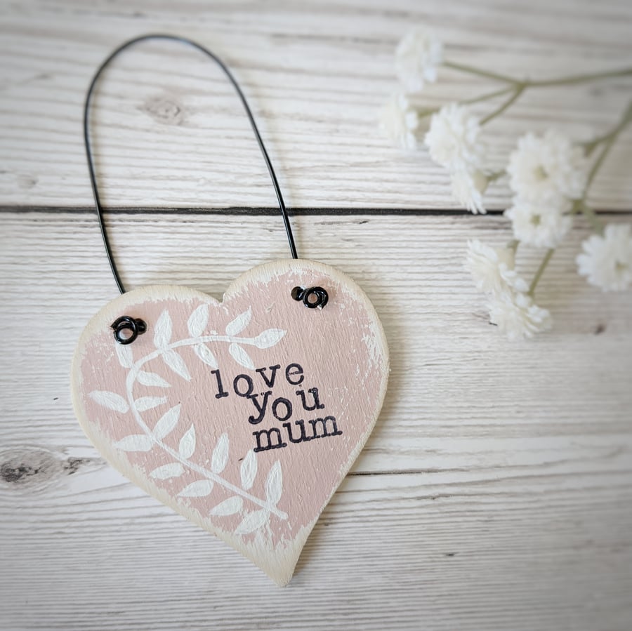 Hand Painted Wooden Heart Hanging Decoration 'Love You Mum'