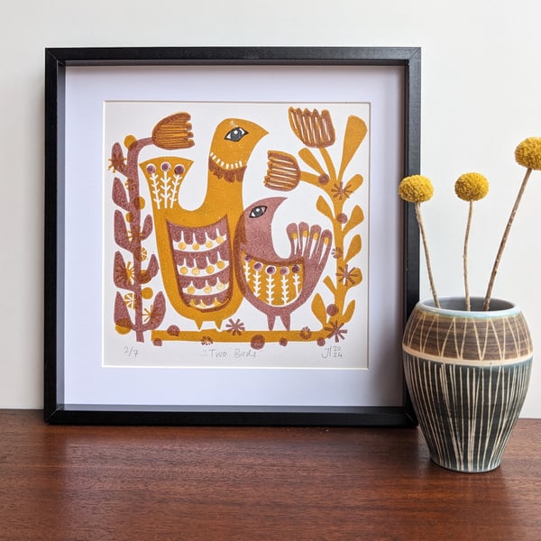 Two Birds in Mustard - Original Lino Print