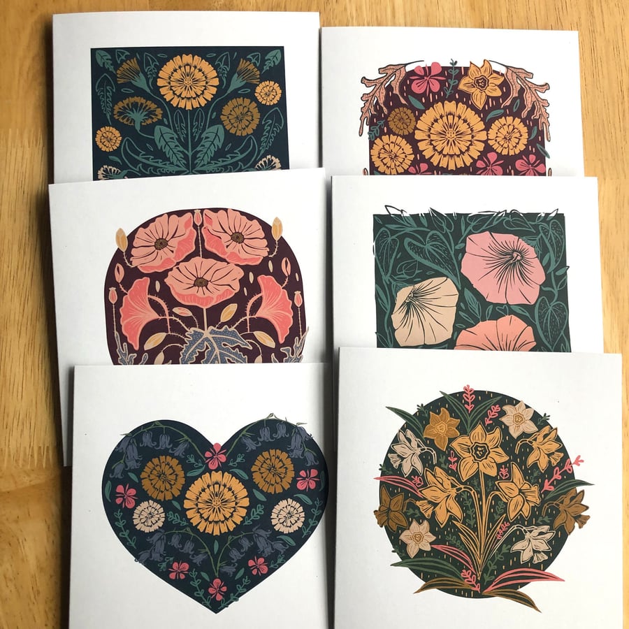 Pack of 6 Wild flower floral block print style greetings birthday cards