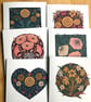 Pack of 6 Wild flower floral block print style greetings birthday cards