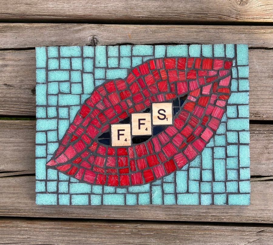 Mosaic Lips and Scrabble Letters handmade cheeky wall hanging.