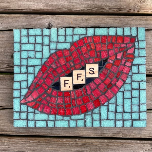 Mosaic Lips and Scrabble Letters handmade cheeky wall hanging.