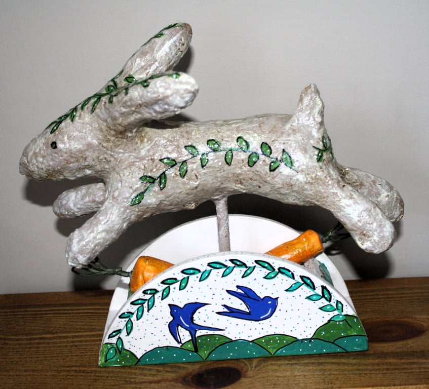HANDMADE PAPER MACHE FOLK ART INSPIRED LEAPING RABBIT WITH CARROTS 